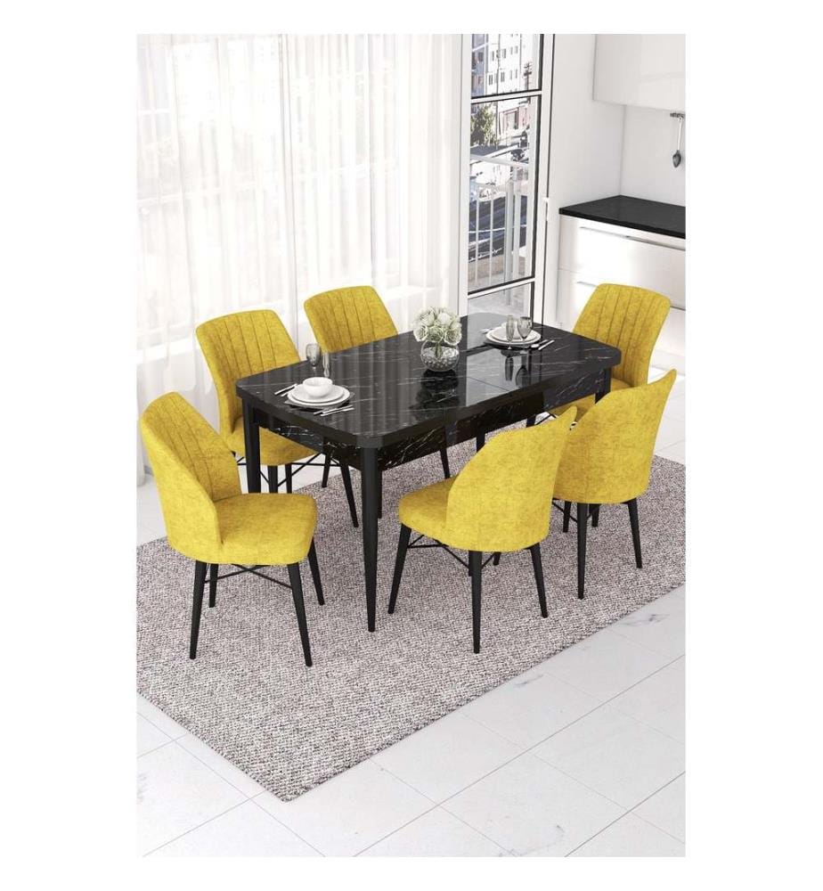 Ensemble table et chaises de salle à manger extensible, 7 pièces, marbre noir, moutarde, 100% MDF