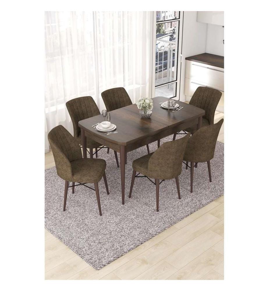 Ensemble table et chaises de salle à manger extensible, 7 pièces, Baroque, Brown, 100% MDF