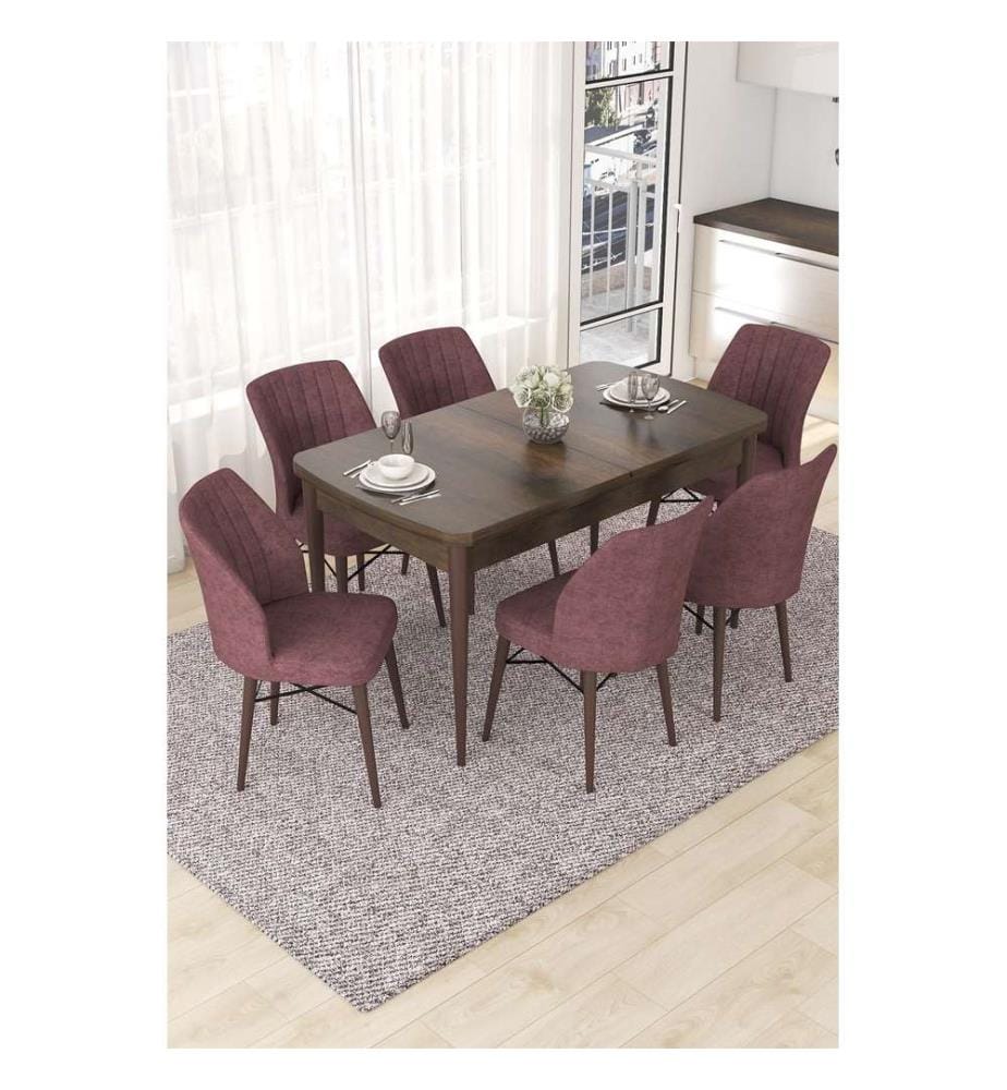Ensemble table et chaises de salle à manger extensible, 7 pièces, Baroque, Dusty Rose, 100% MDF