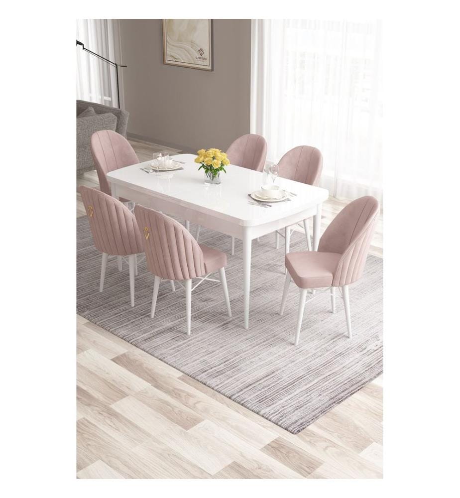 Ensemble table et chaises de salle à manger extensible, 7 pièces, blanc, rose, 100% MDF