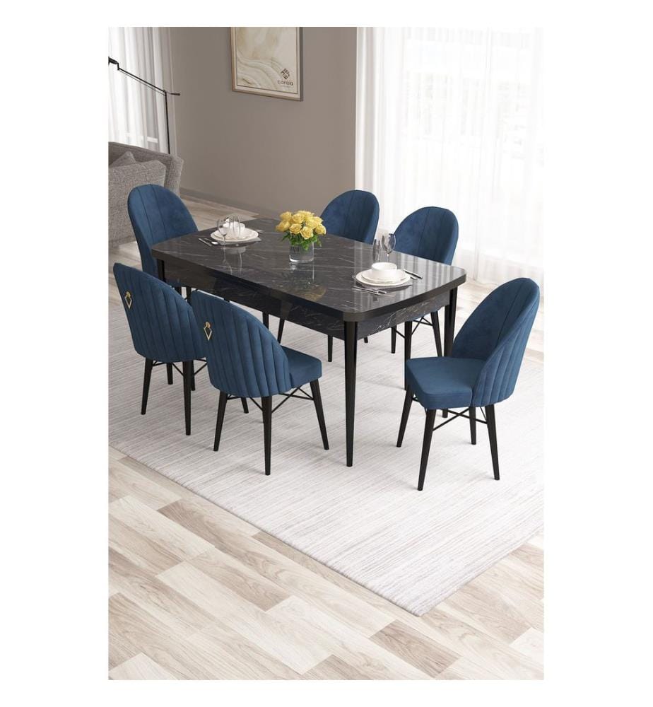 Ensemble table et chaises de salle à manger extensible, 7 pièces, marbre noir, bleu marine, 100% MDF