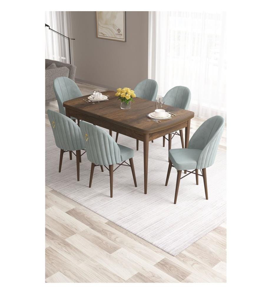 Ensemble table et chaises de salle à manger extensible, 7 pièces, Baroque, Sea Green, 100% MDF