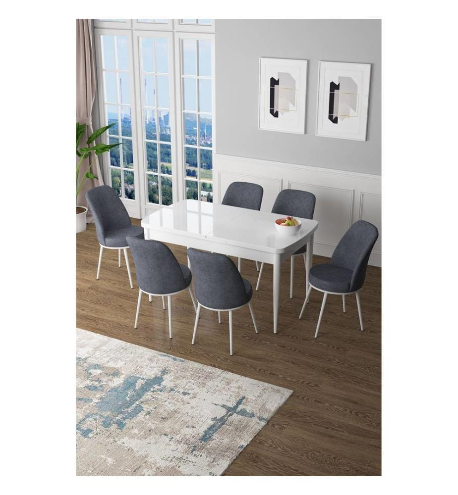 Ensemble table et chaises de salle à manger extensible, 7 pièces, blanc, fumée, 100% MDF