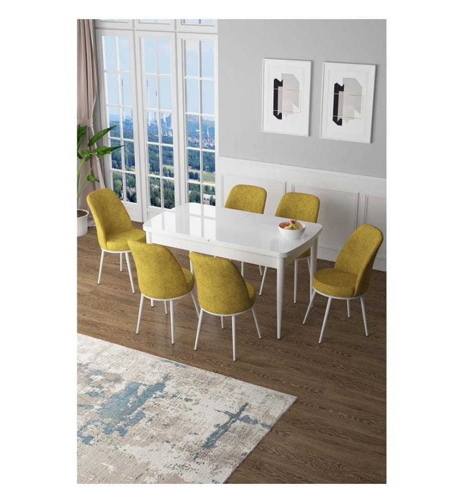 Ensemble table et chaises de salle à manger extensible, 7 pièces, blanc, moutarde, 100% MDF