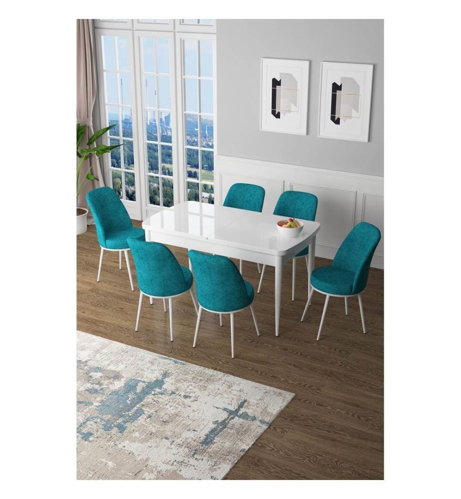 Ensemble table et chaises de salle à manger extensible, 7 pièces, blanc, turquoise, 100% MDF