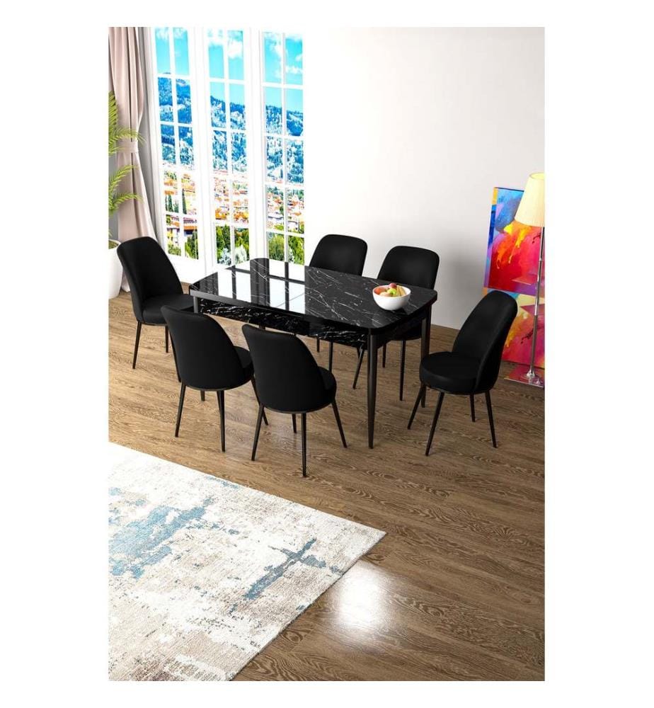 Ensemble table et chaises de salle à manger extensible, 7 pièces, marbre noir, noir, 100% MDF
