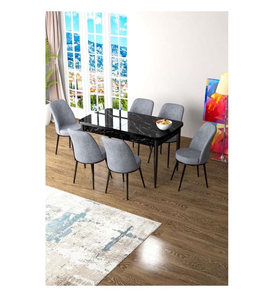Ensemble table et chaises de salle à manger extensible, 7 pièces, marbre noir, gris, 100% MDF