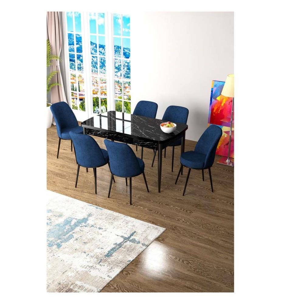 Ensemble table et chaises de salle à manger extensible, 7 pièces, marbre noir, bleu marine, 100% MDF