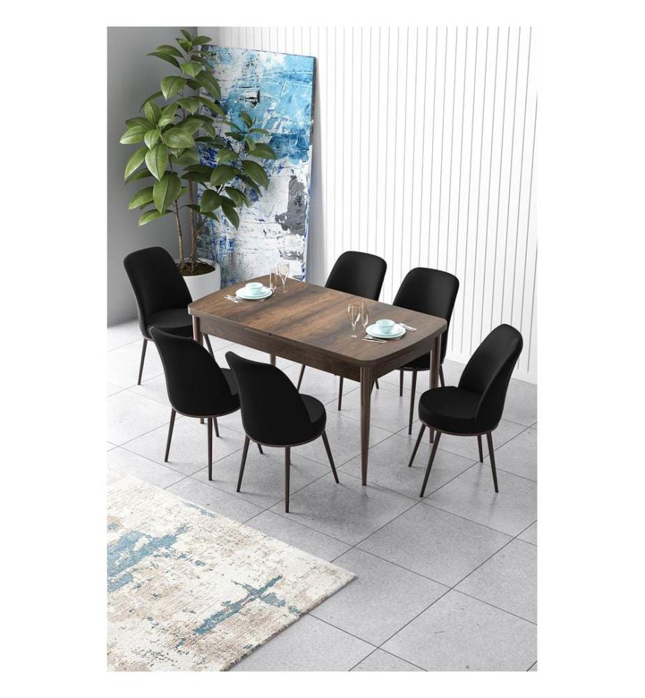 Ensemble table et chaises de salle à manger extensible, 7 pièces, Baroque, noir, 100% MDF