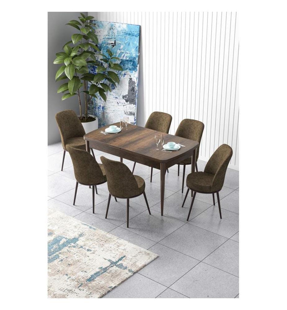 Ensemble table et chaises de salle à manger extensible, 7 pièces, Baroque, Brown, 100% MDF