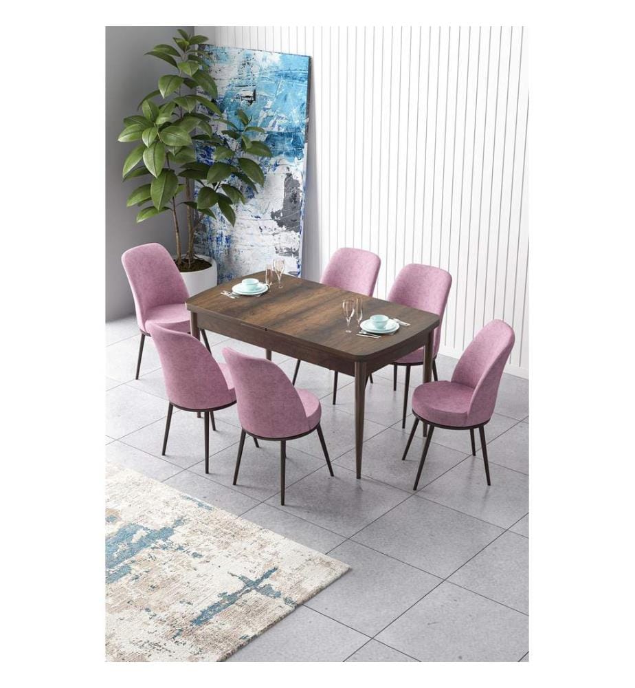Ensemble table et chaises de salle à manger extensible, 7 pièces, Baroque, rose, 100% MDF