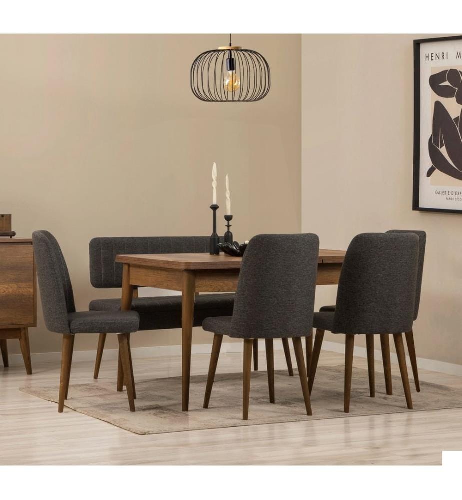 Ensemble table et chaises de salle à manger extensible, 6 pièces, noyer, anthracite, 100% PARTICULES ENDUITES DE MÉLAMINE, tissu : 100% LIN, pieds en bois de charme