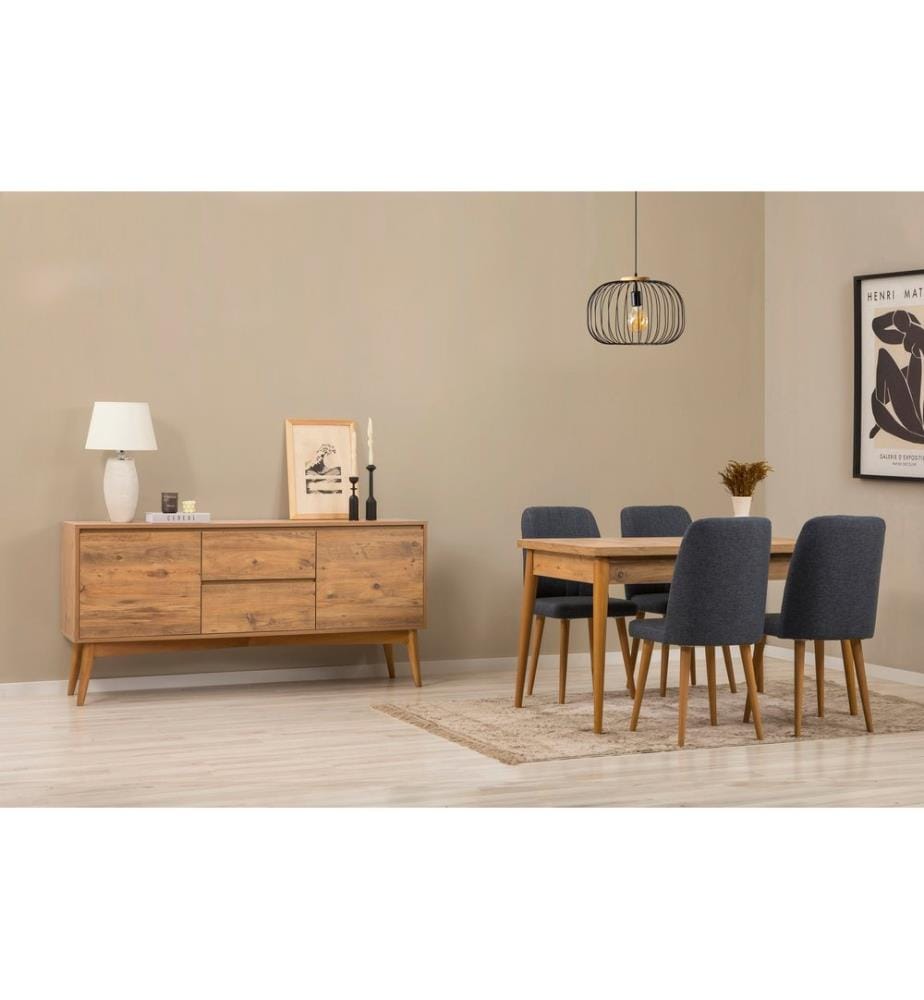 Ensemble table à manger extensible, chaises et console, 6 pièces, pin de l'Atlantique, bleu foncé, 100% panneau de particules recouvert de mélamine
