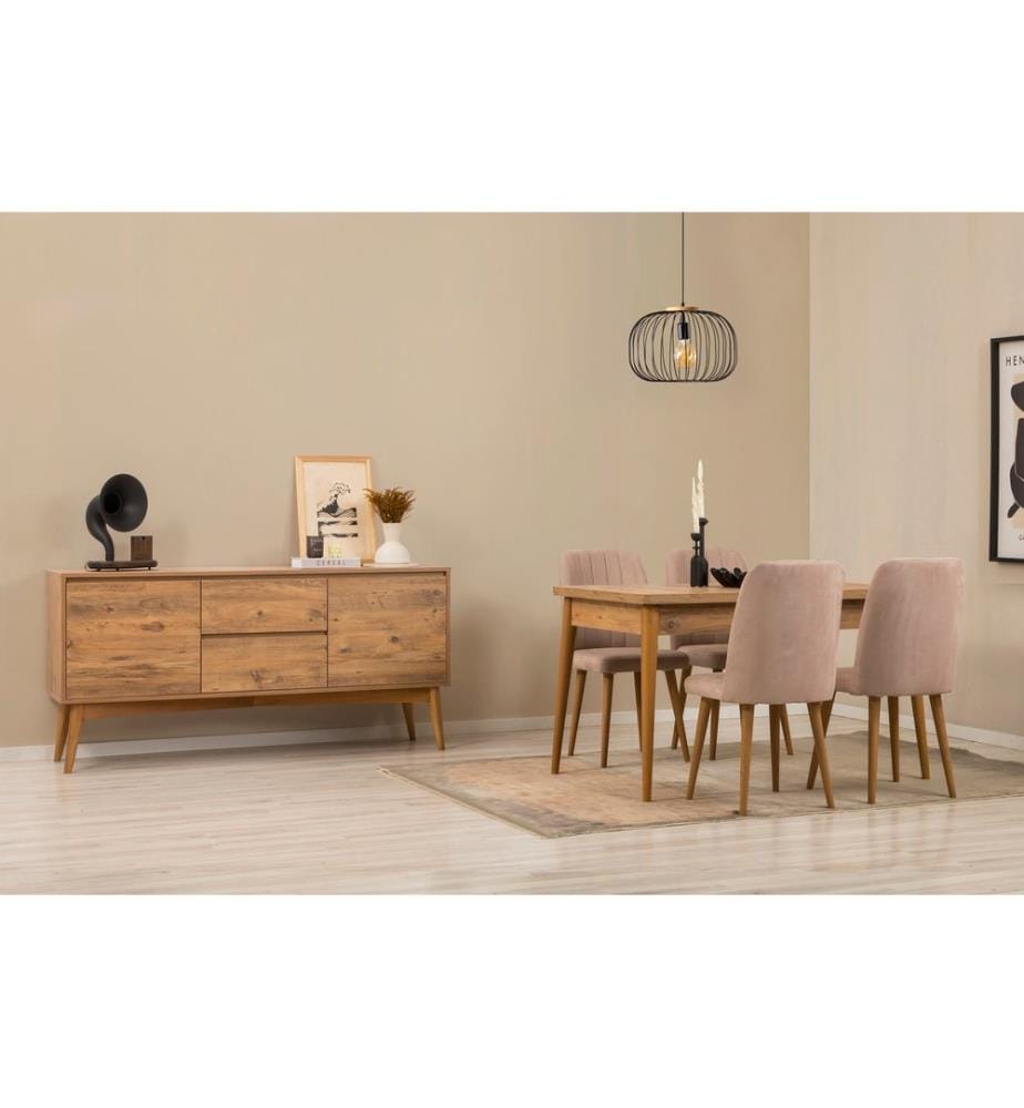 Ensemble table à manger extensible, chaises et console, 6 pièces, pin atlantique, pierre, 100% panneau de particules recouvert de mélamine