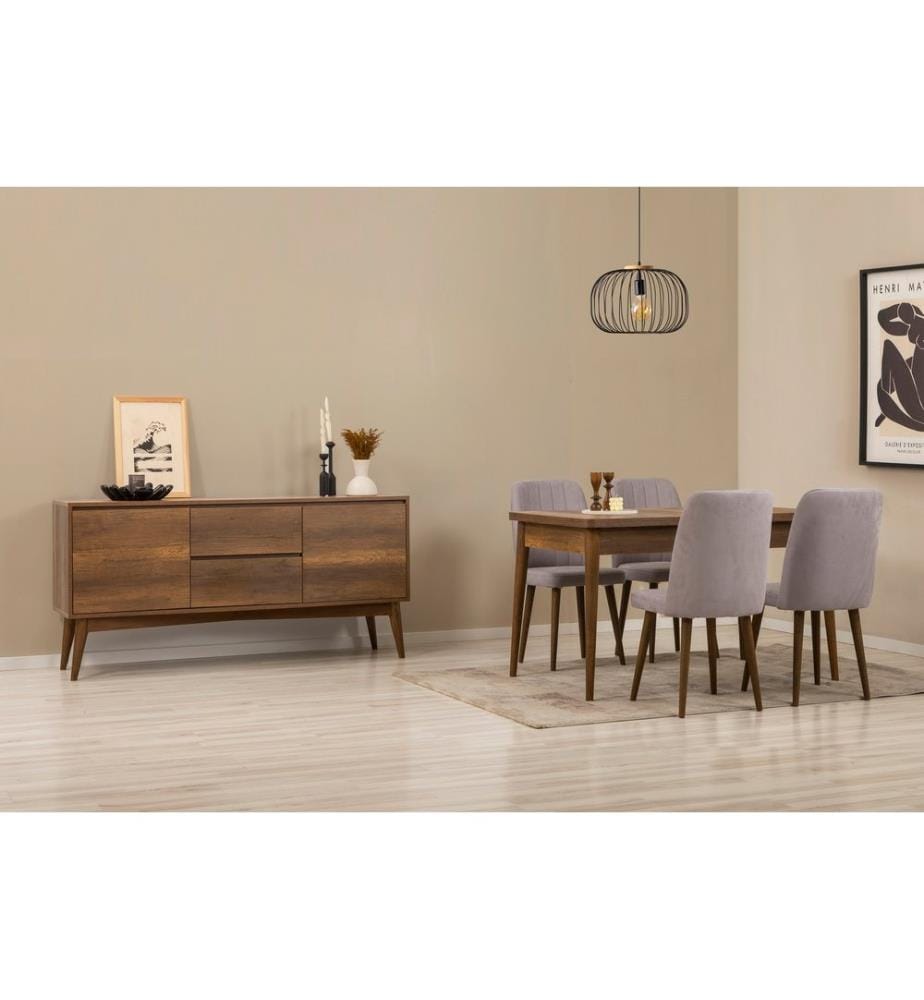 Ensemble table à manger extensible, chaises et console, 6 pièces, noyer, gris, 100% panneau de particules recouvert de mélamine