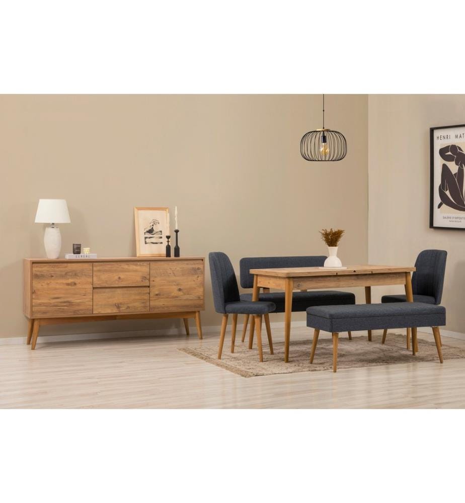 Ensemble table à manger extensible, chaises et console, 6 pièces, pin de l'Atlantique, bleu foncé, 100% panneau de particules recouvert de mélamine