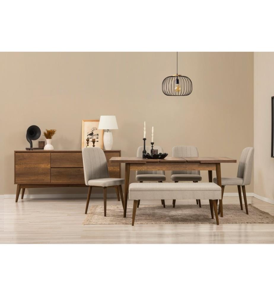 Ensemble table à manger extensible, chaises et console, 7 pièces, noyer, crème, 100% panneau de particules recouvert de mélamine