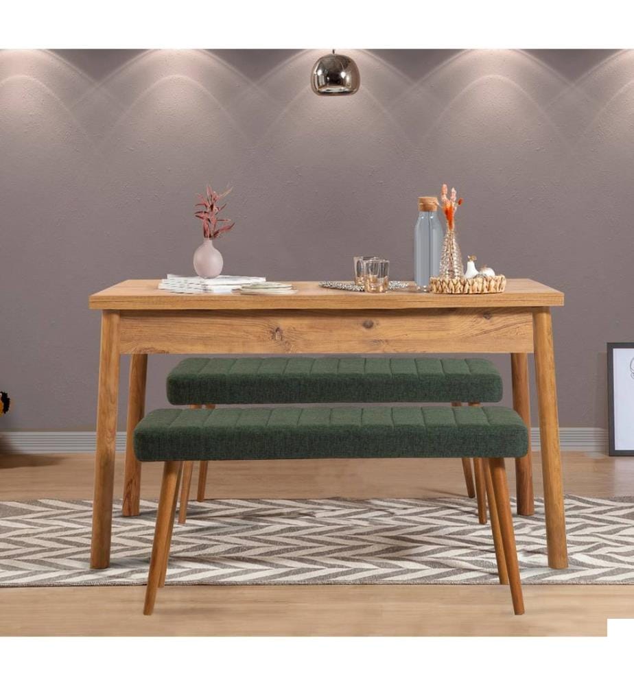 Ensemble table à manger et banc, 3 pièces, pin de l'Atlantique, vert, 100% PARTICULES ENDUITES DE MÉLAMINE