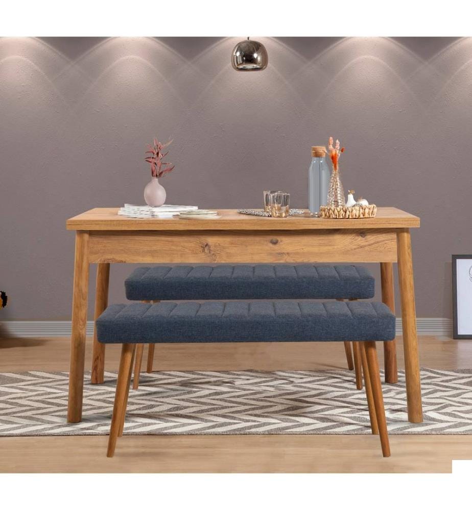 Ensemble table à manger et banc, 3 pièces, pin atlantique, bleu foncé, 100% PARTICULES ENDUITES DE MÉLAMINE