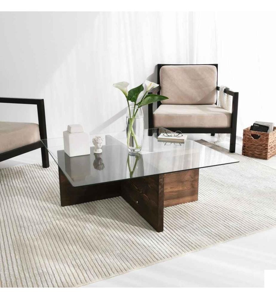 Table basse, noyer, verre trempé