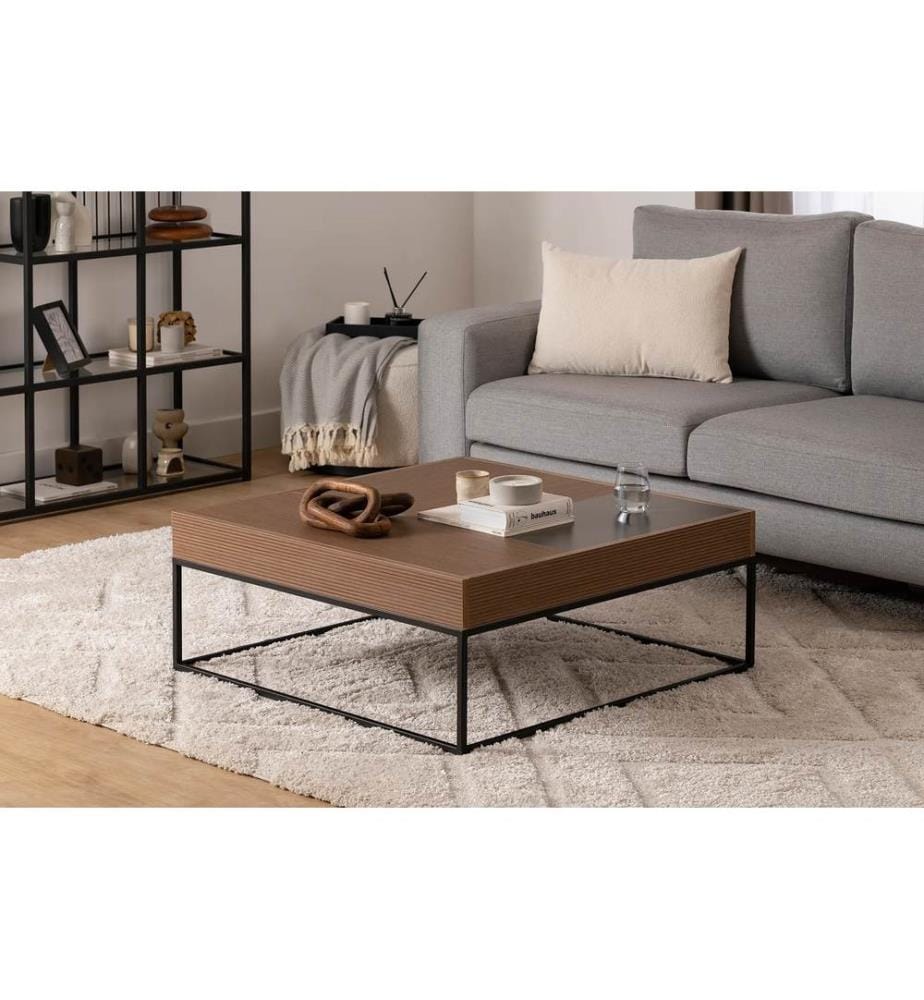 Table basse, noyer, panneau aggloméré 100 % mélaminé, pieds en métal