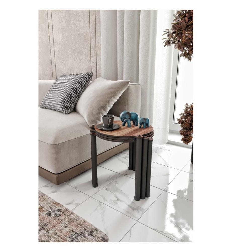 Table gigogne, 3 pièces, noyer, 100 % MDF, pieds en bois