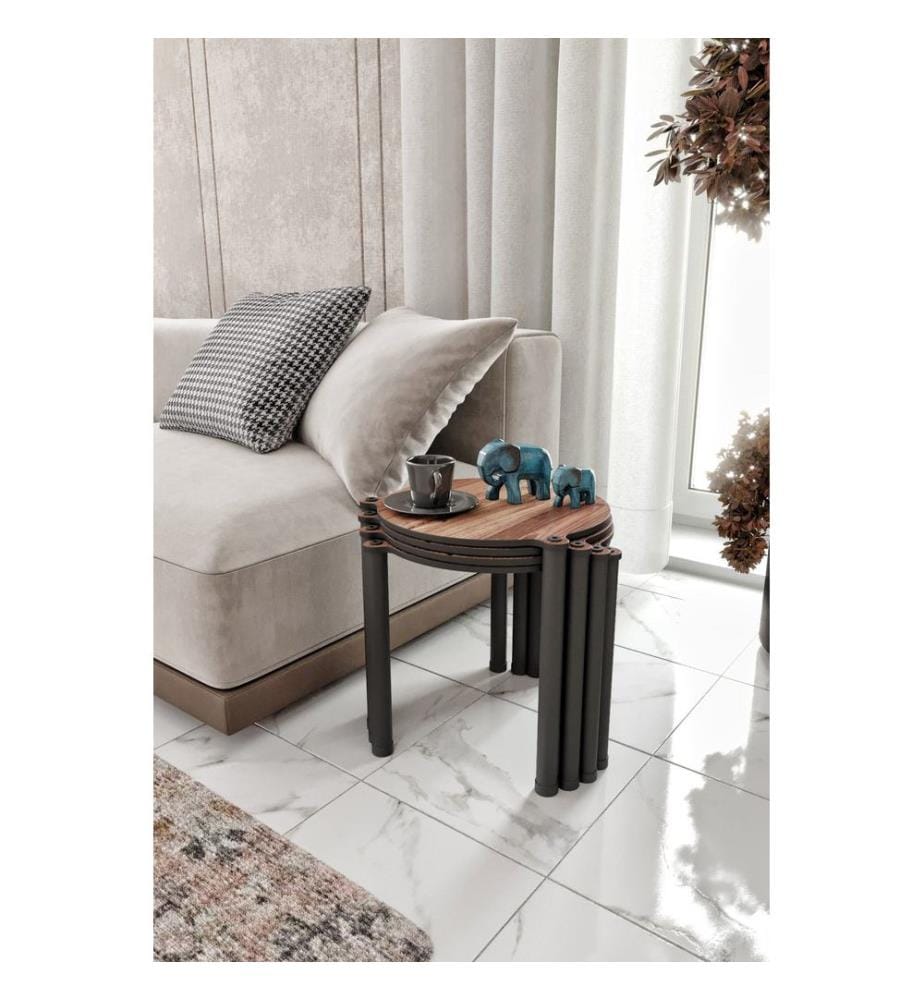 Table gigogne, 4 pièces, noyer, 100 % MDF, pieds en bois