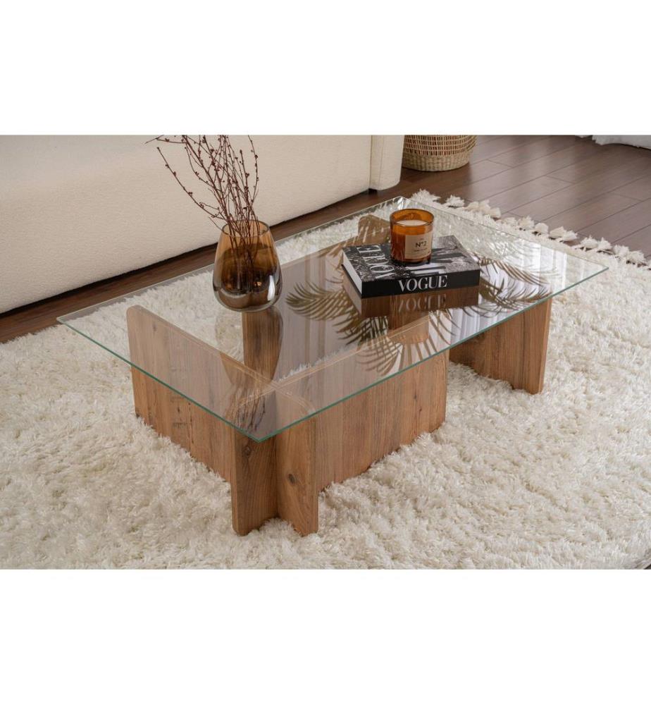 Table basse, pin Atlantique, VERRE 100 % TEMPÉRÉ, structure : PANNEAU DE PARTICULES 100 % MÉLAMINE