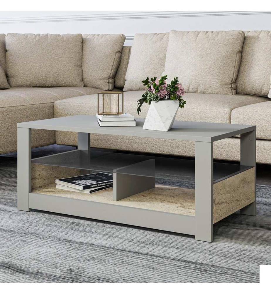 Table basse, grise, travertin, PANNEAU DE PARTICULES 100 % REVÊTU DE MÉLAMINE