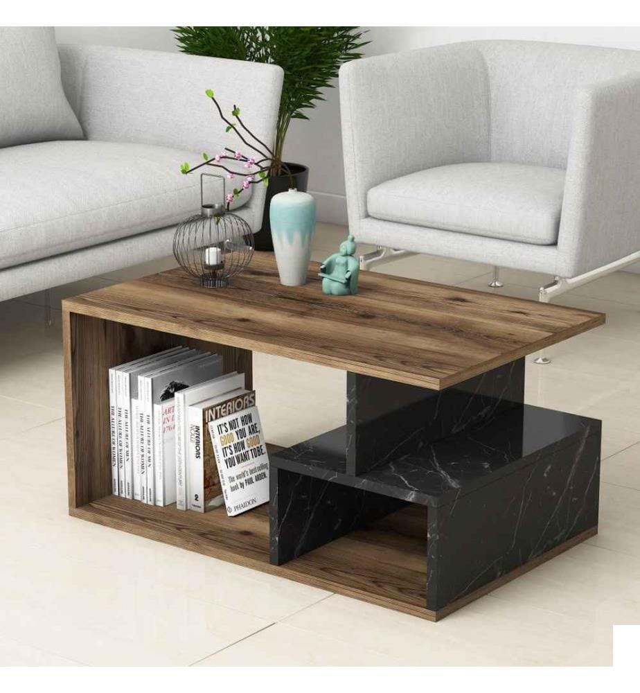 Table basse, noyer foncé, marbre noir, panneau de particules mélaminé