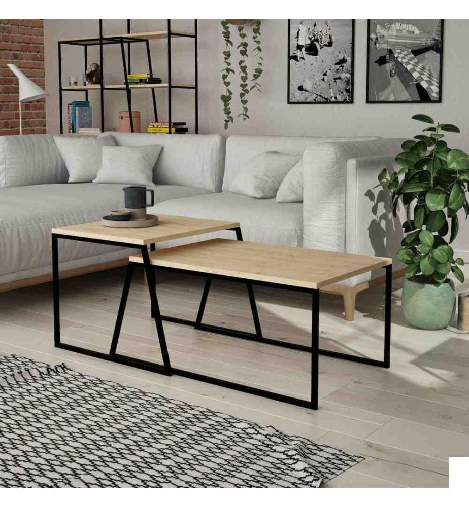 Set de table basse, chêne, noir, panneau de particules mélaminé, structure métallique