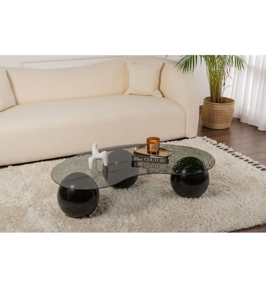 Table basse, noire, grise, VERRE TREMPÉ, moulage en polyuréthane