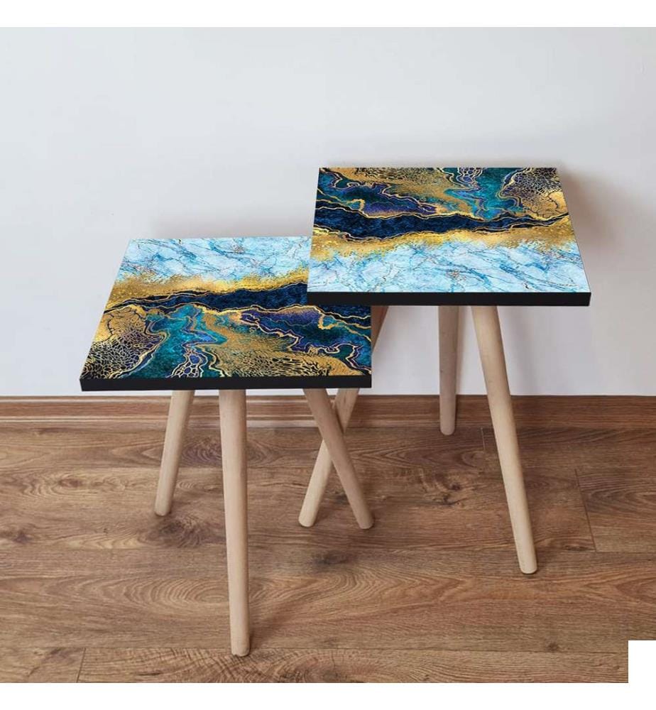 Table gigogne, 2 pièces, bleu marine, doré, blanc, 100 % MDF, , pieds en bois de hêtre