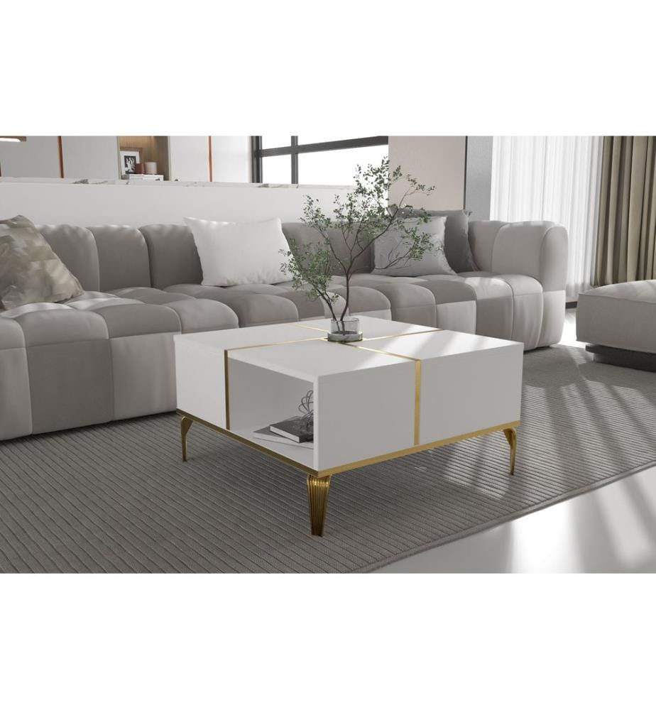 Table basse, blanche, dorée, panneau de particules 100 % mélaminé, pieds en plastique