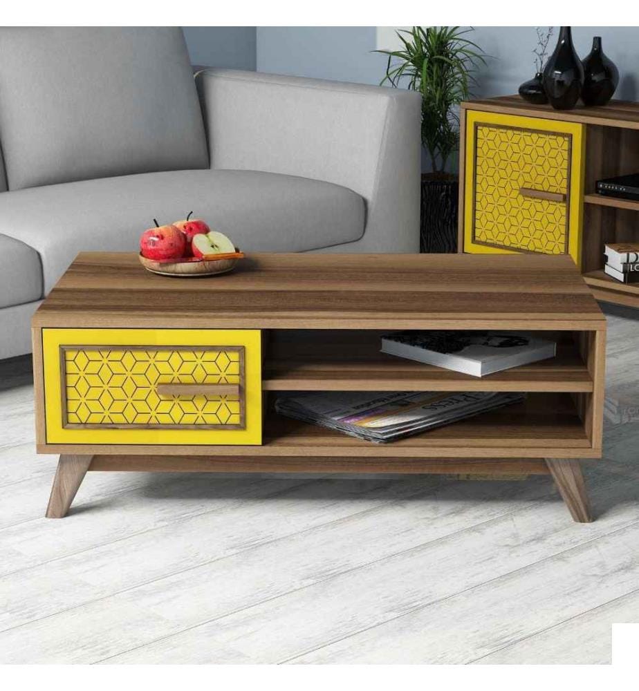 Table basse, noyer, jaune, panneau de particules mélaminé