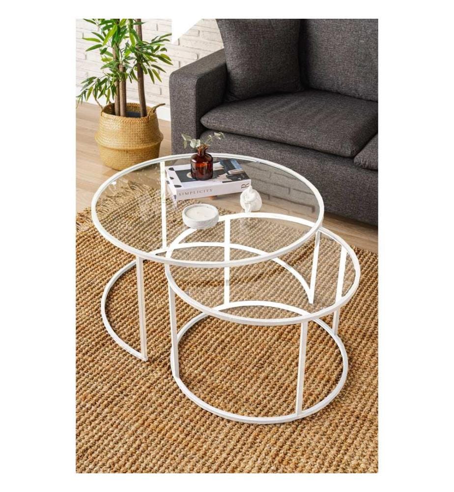 Table basse, blanche, transparente, 100 % VERRE TRANSPARENT TREMPÉ, structure : 100 % MÉTAL