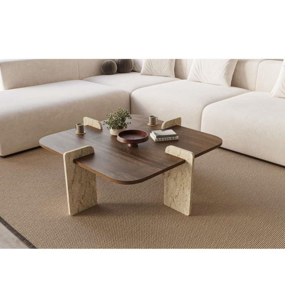 Table basse, noyer, travertin, PANNEAU DE PARTICULES ENTIÈREMENT RECOUVERT DE MÉLAMINE
