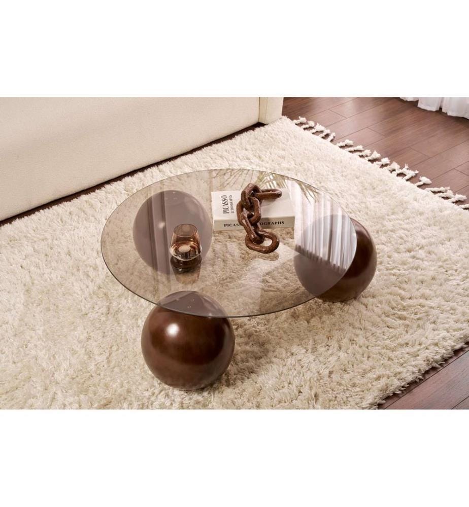 Table basse, noyer, bronze, plateau : 100 % VERRE TREMPÉ