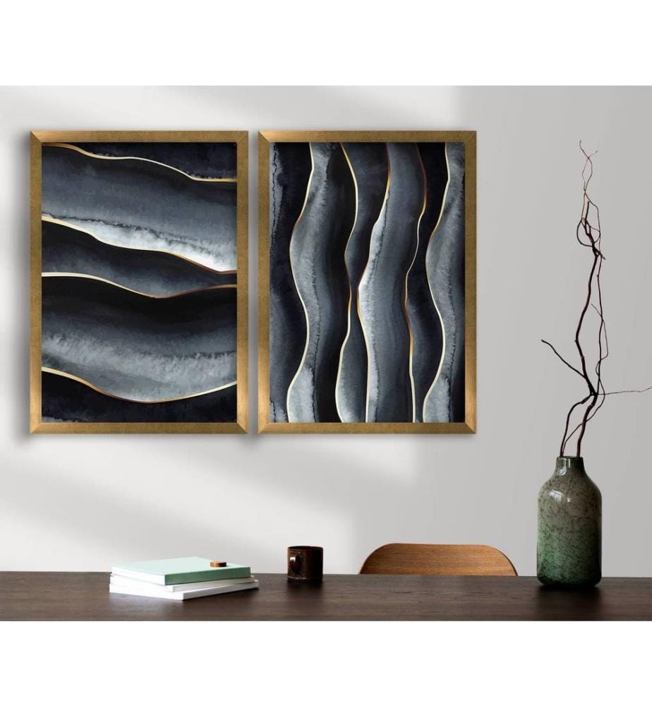 Tableau décoratif encadré MDF, 2 pièces, Gris Blanc Noir Orange, MDF, Bois encadré