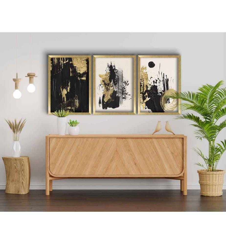 Tableau décoratif encadré en MDF, 3 pièces, or blanc noir, MDF, encadrement en bois