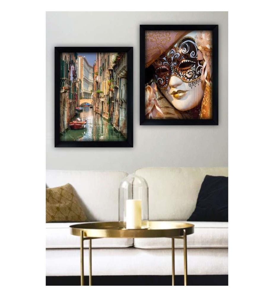 Tableau décoratif encadré, 2 pièces, multicolore, verre, cadre en bois