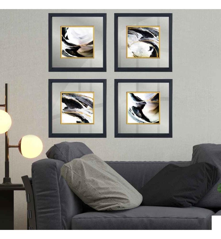Tableau décoratif encadré, 4 pièces, multicolore, verre, cadre en bois