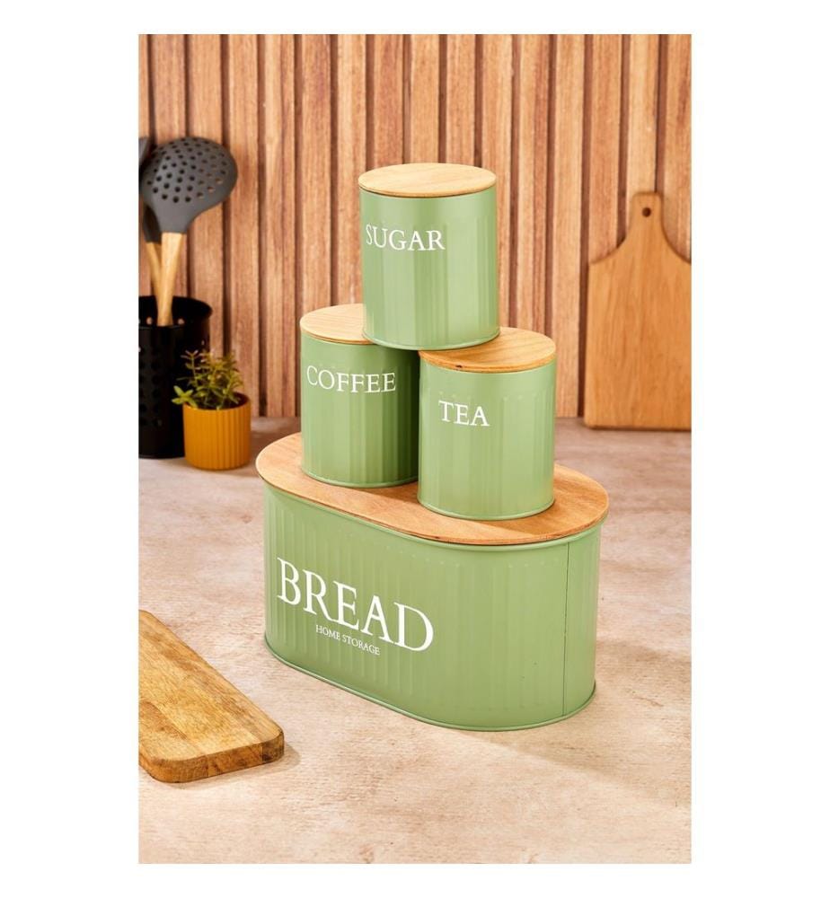 Ensemble de boîtes de rangement, 4 pièces, vert, 100 % MÉTAL, couvercle en bois (4 pièces)