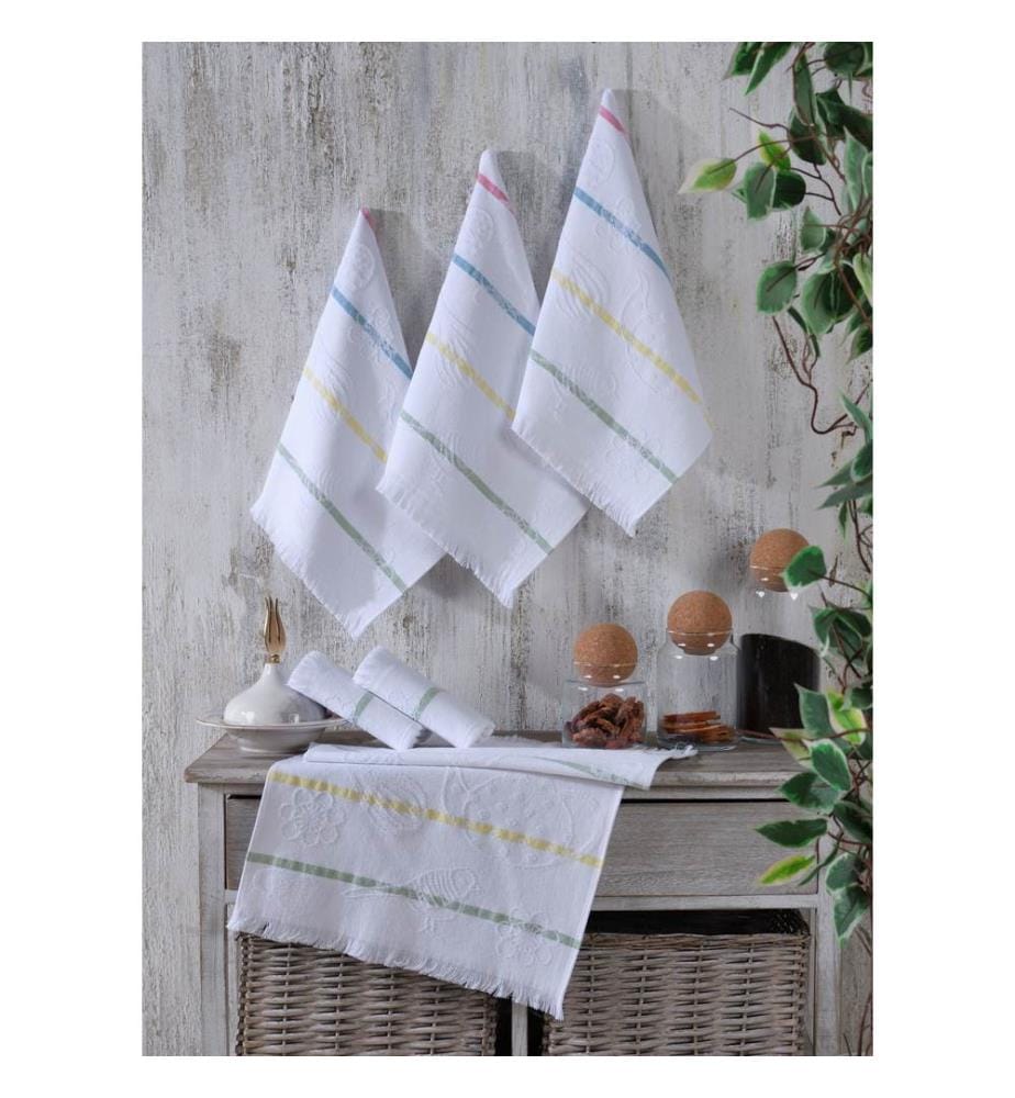 Set de serviettes de toilette, 6 pièces, blanc, jaune, bleu, vert, rose, 100% COTON