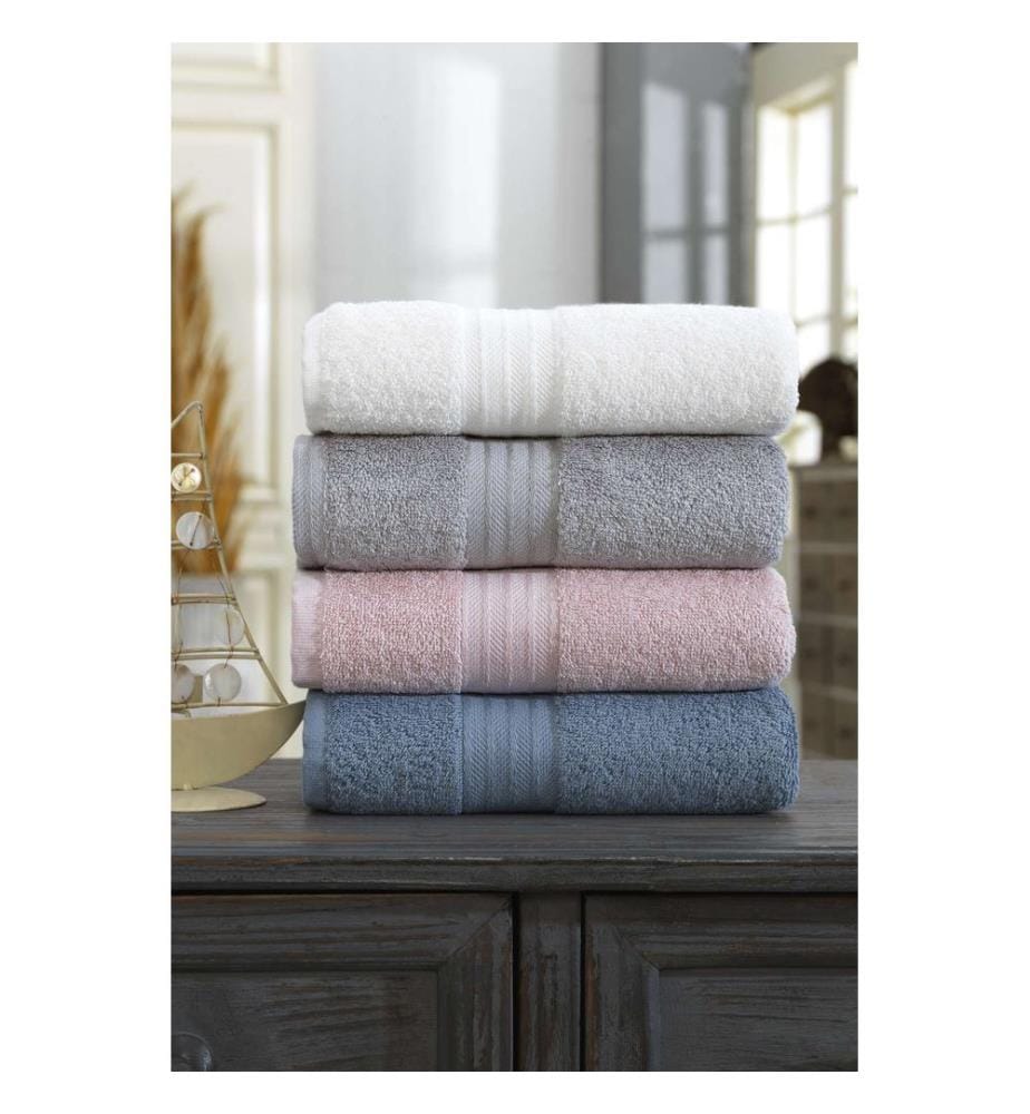 Set de serviettes de toilette, 4 pièces, blanc, gris, rose clair, bleu, 100% COTON