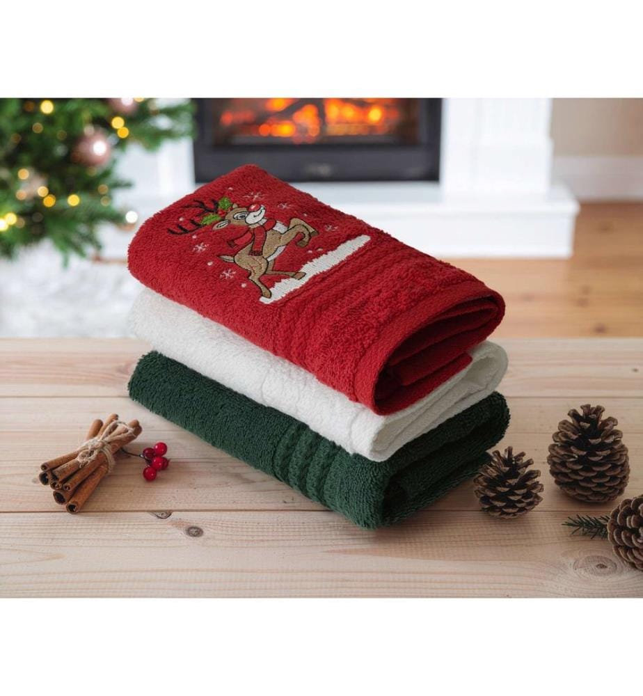 Set de serviettes de toilette, 3 pièces, vert, rouge, blanc, 100% COTON