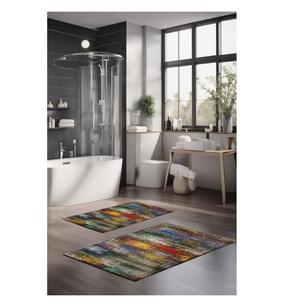 Set de tapis de bain, 2 pièces, Multicolore, 100% POLYESTER
