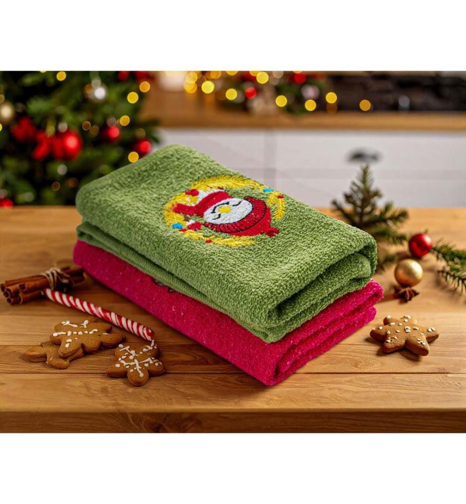 Set de serviettes de toilette, 2 pièces, rouge, vert, 100% COTON