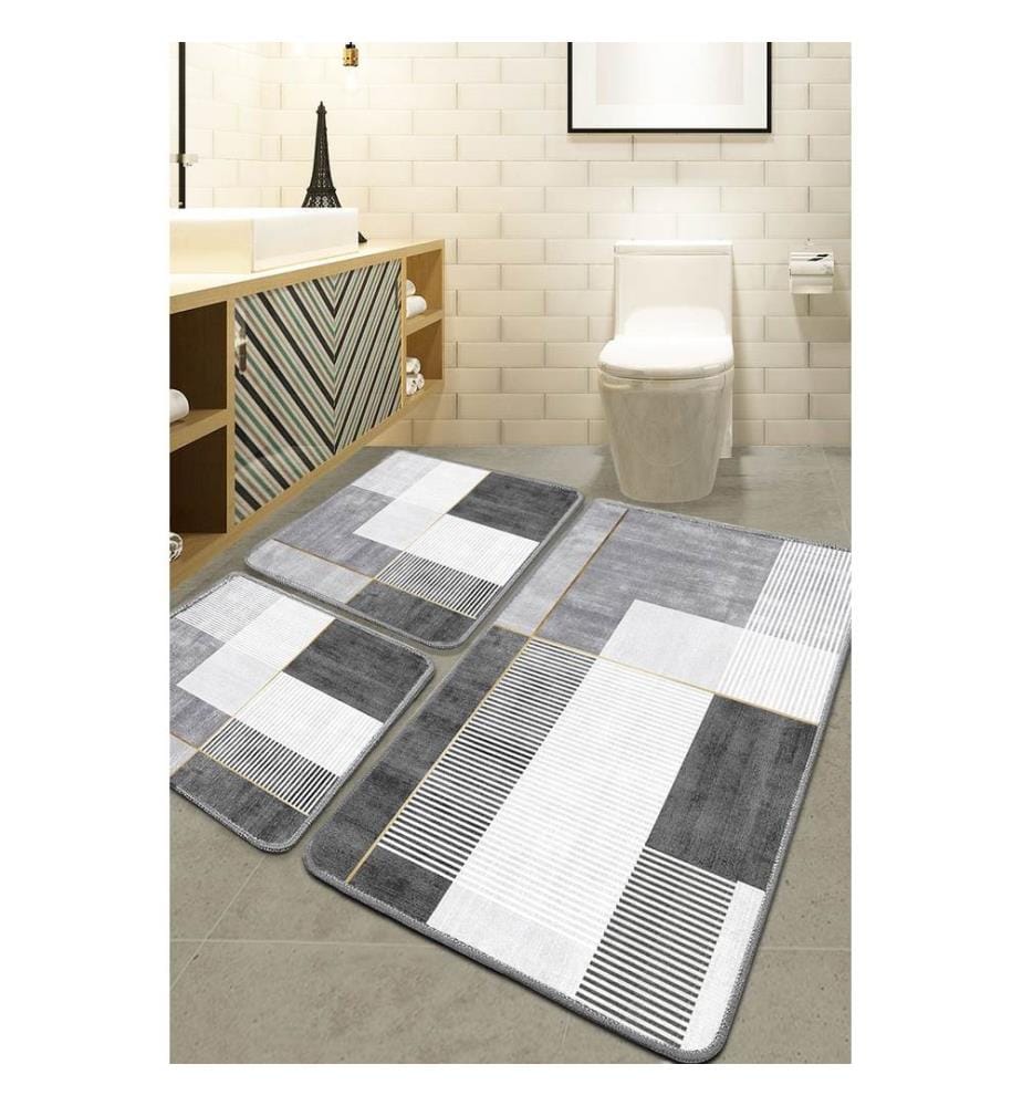 Ensemble de tapis de bain, 3 pièces, gris, 100% POLYESTER