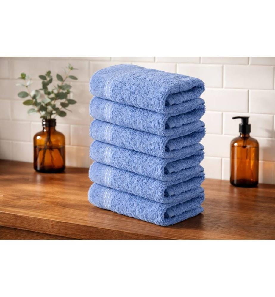 Ensemble de 6 serviettes de toilette, 100 % coton, bleues